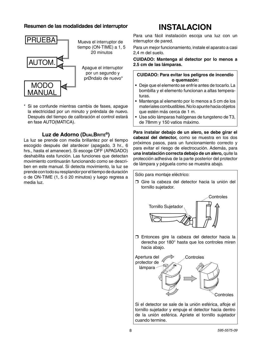 Heath Zenith SL-5512 manual Instalacion, Resumen de las modalidades del interruptor, Luz de Adorno DualBrite 