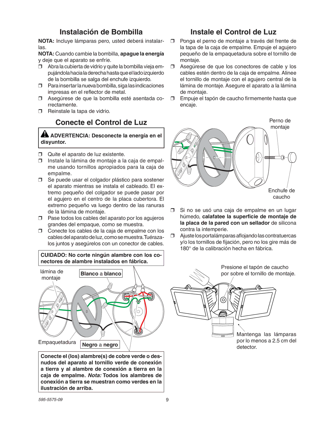 Heath Zenith SL-5512 manual Advertencia Desconecte la energía en el disyuntor, Blanco a blanco, Negro a negro 