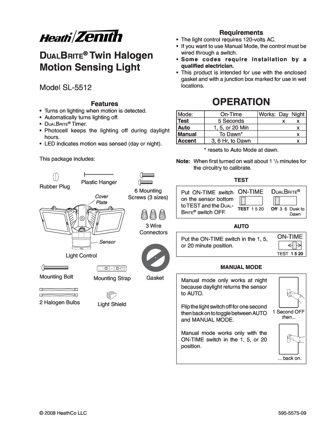 Heath Zenith manual DualBrite Twin Halogen Motion Sensing Light, Operation, Model SL-5512, Features, Requirements, Test 