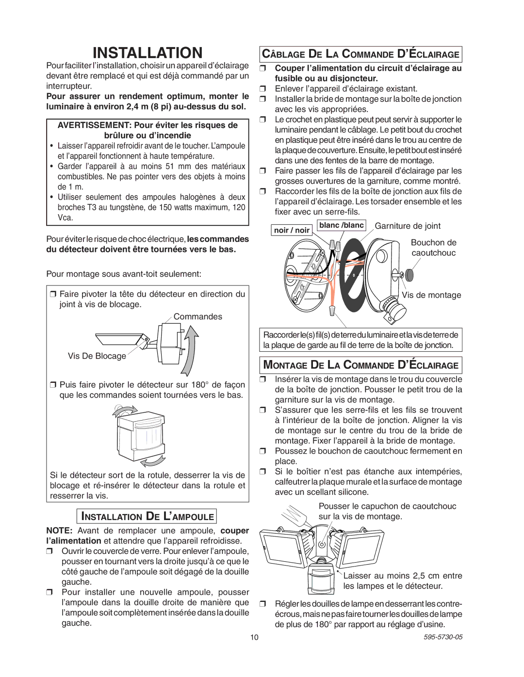 Heath Zenith SL-5514 manual Installation De L’ampoule, Montage De La Commande D’Éclairage, Noir / noir Blanc /blanc 