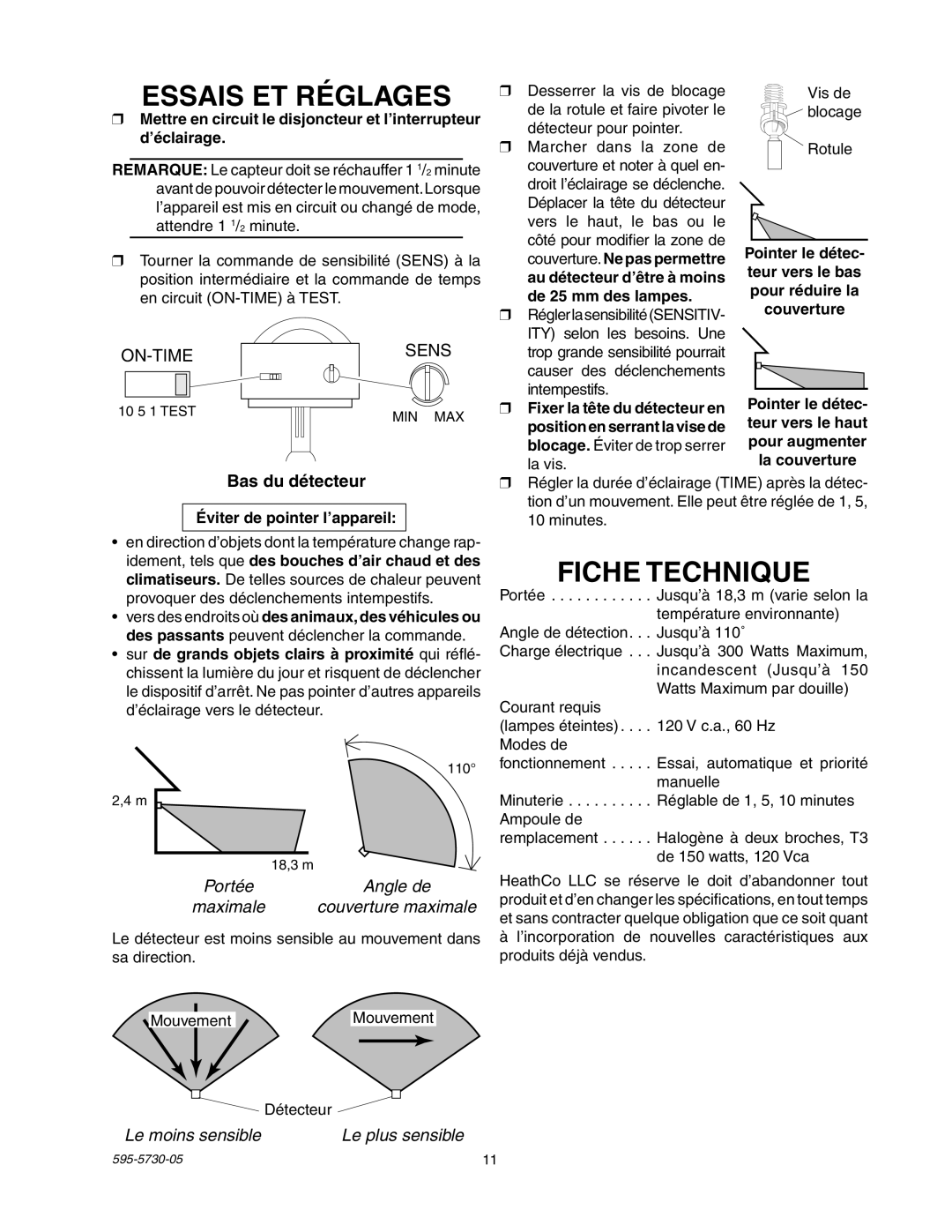 Heath Zenith SL-5514 manual Essais ET Réglages, Fiche Technique, Bas du détecteur, Portée Angle de, Le moins sensible 