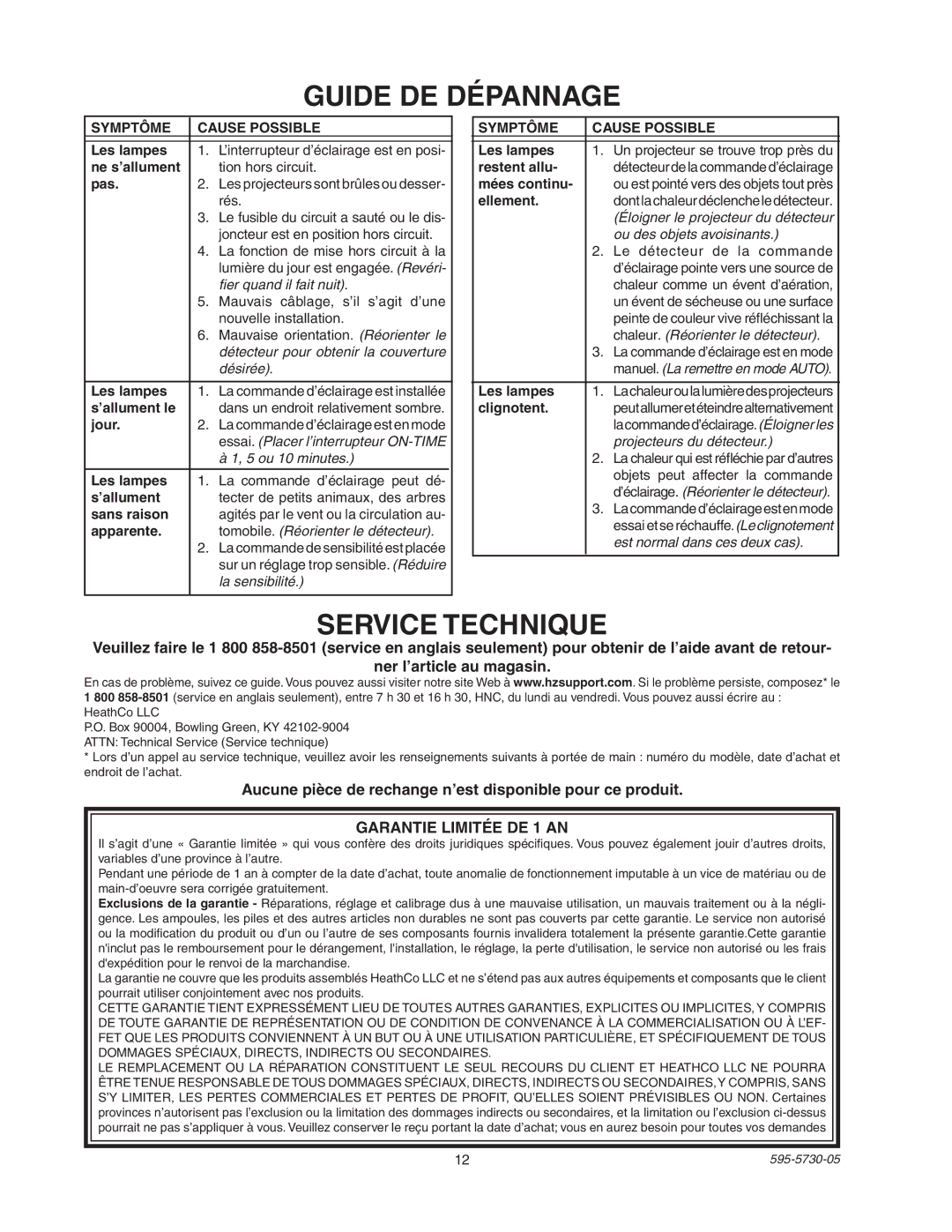 Heath Zenith SL-5514 Guide DE Dépannage, Service Technique, Aucune pièce de rechange n’est disponible pour ce produit 