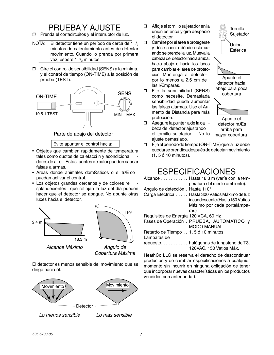 Heath Zenith SL-5514 manual Prueba Y Ajuste, Especificaciones, Parte de abajo del detector, Lo menos sensible 