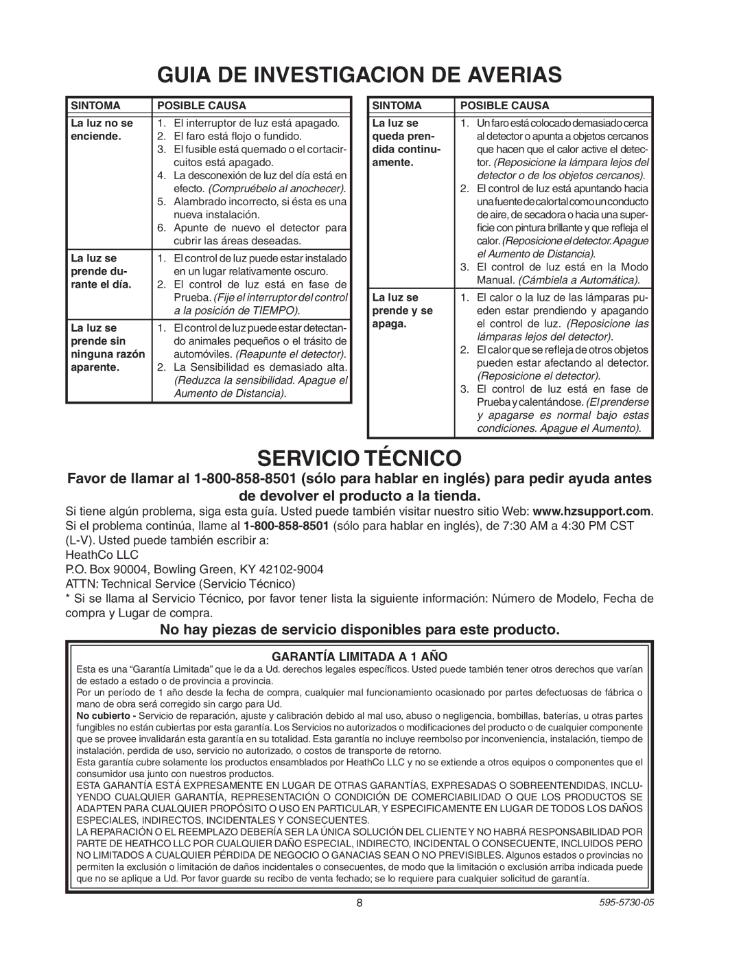 Heath Zenith SL-5514 Guia DE Investigacion DE Averias, Servicio Técnico, Garantía Limitada a 1 AÑO, Sintoma Posible Causa 