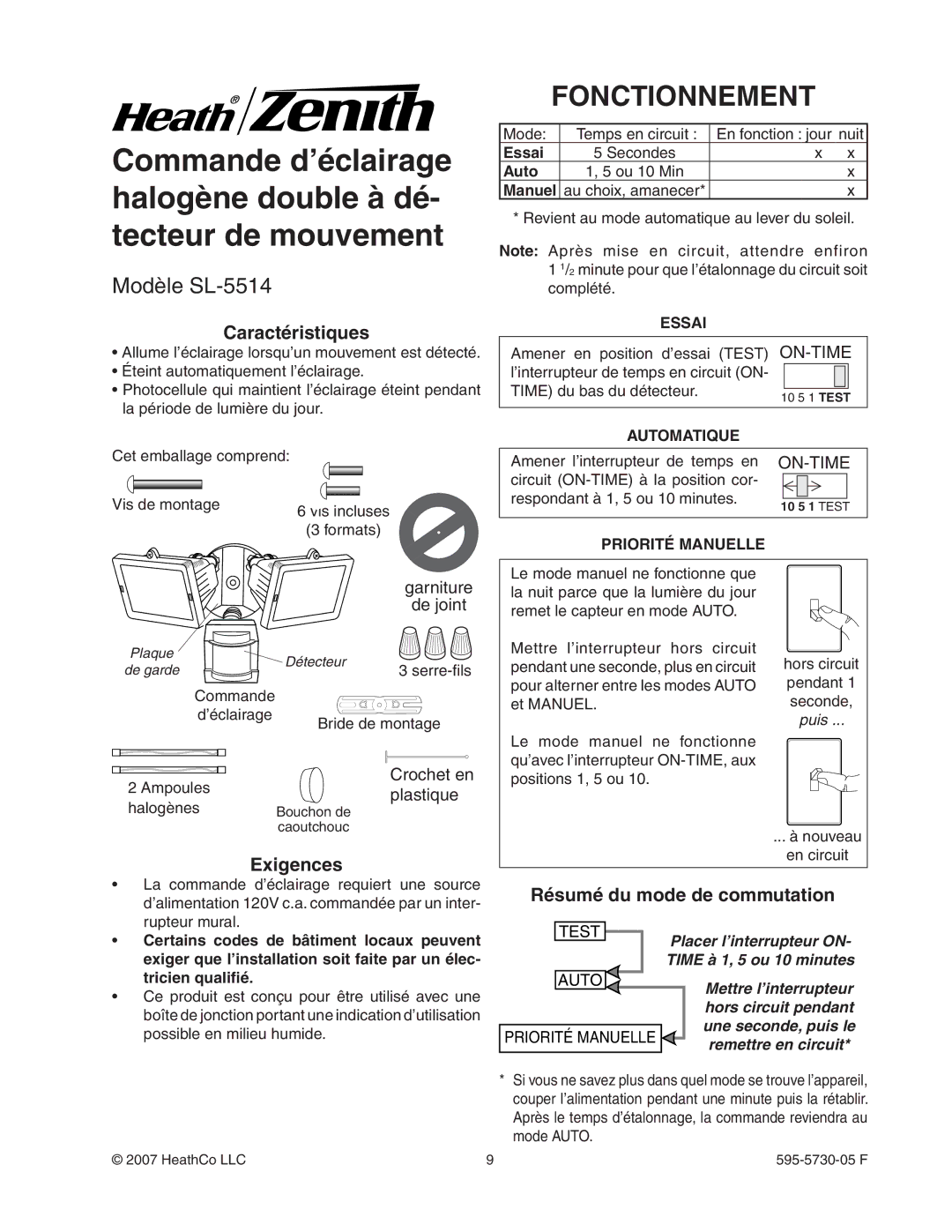 Heath Zenith manual Fonctionnement, Modèle SL-5514, Caractéristiques, Exigences, Résumé du mode de commutation 