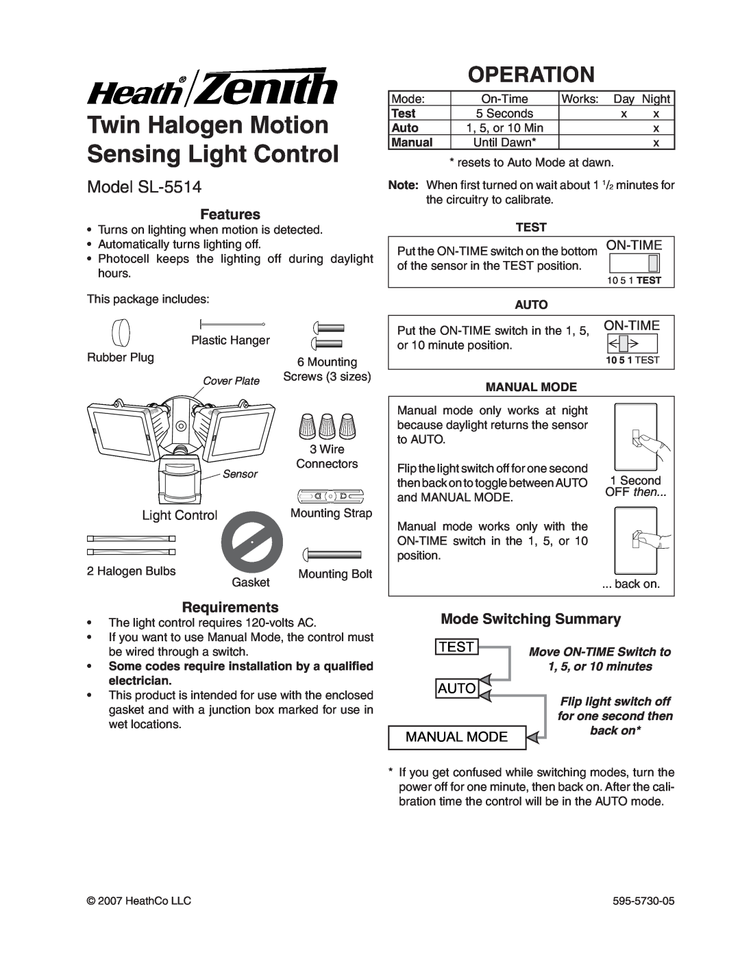 Heath Zenith manual Twin Halogen Motion Sensing Light Control, Operation, Model SL-5514, On-Time, Test, Auto, Manual 