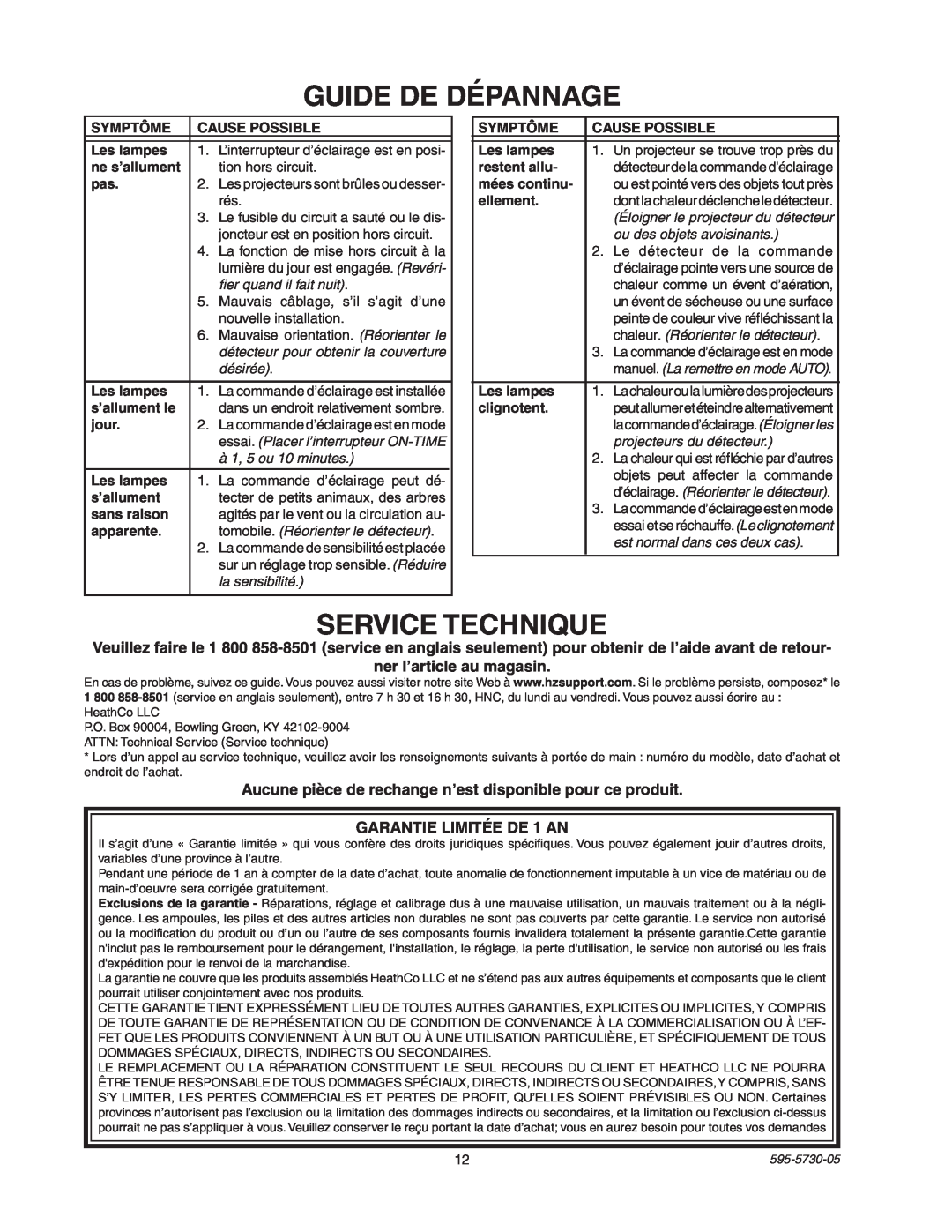 Heath Zenith SL-5514 manual Guide De Dépannage, Service Technique, ner l’article au magasin, GARANTIE LIMITÉE DE 1 AN 