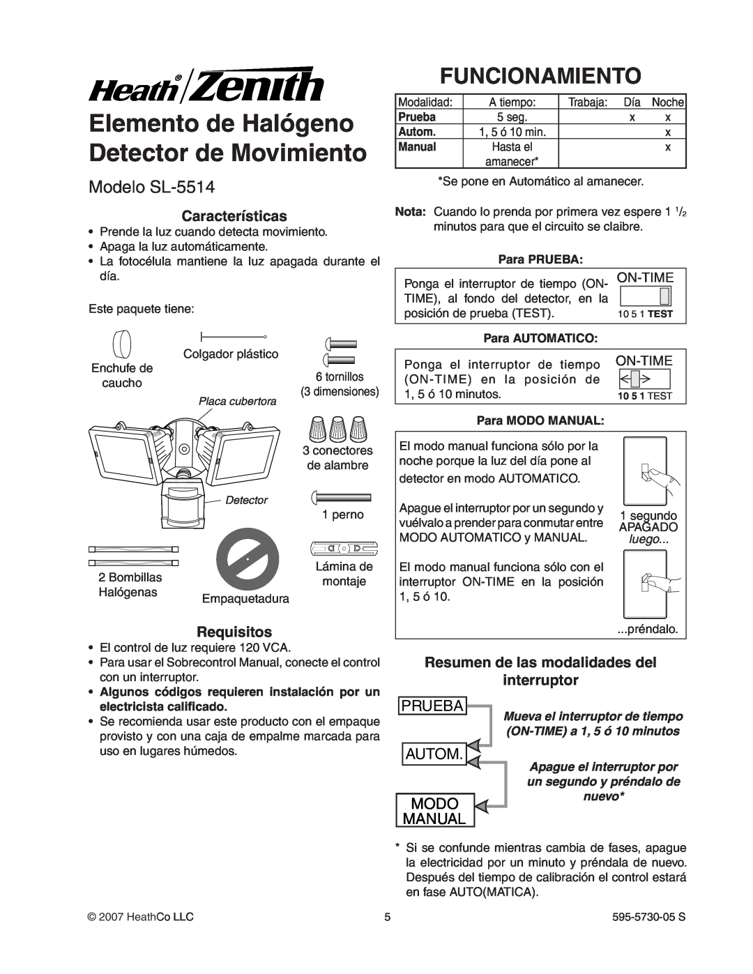 Heath Zenith Elemento de Halógeno Detector de Movimiento, Funcionamiento, Modelo SL-5514, Prueba, Autom, Modo, Manual 