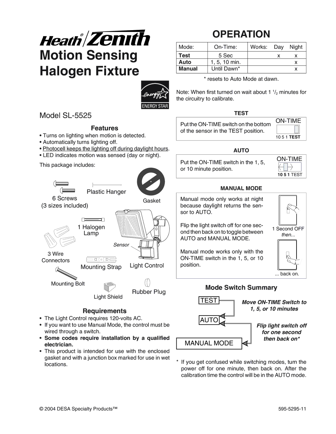 Heath Zenith manual Motion Sensing Halogen Fixture, Operation, Model SL-5525 