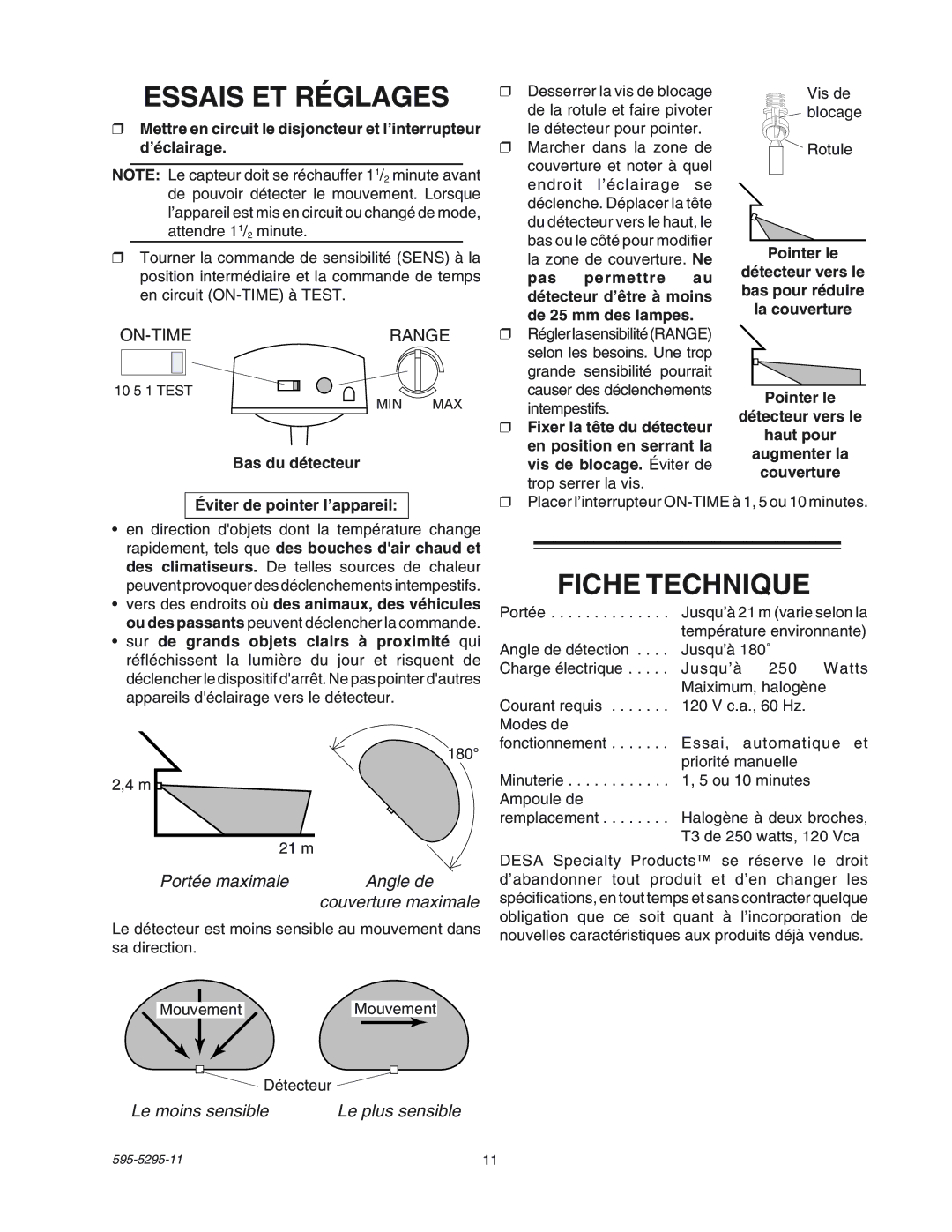 Heath Zenith SL-5525 Essais ET Réglages, Fiche Technique, PortŽe maximale Angle de, Le moins sensible Le plus sensible 