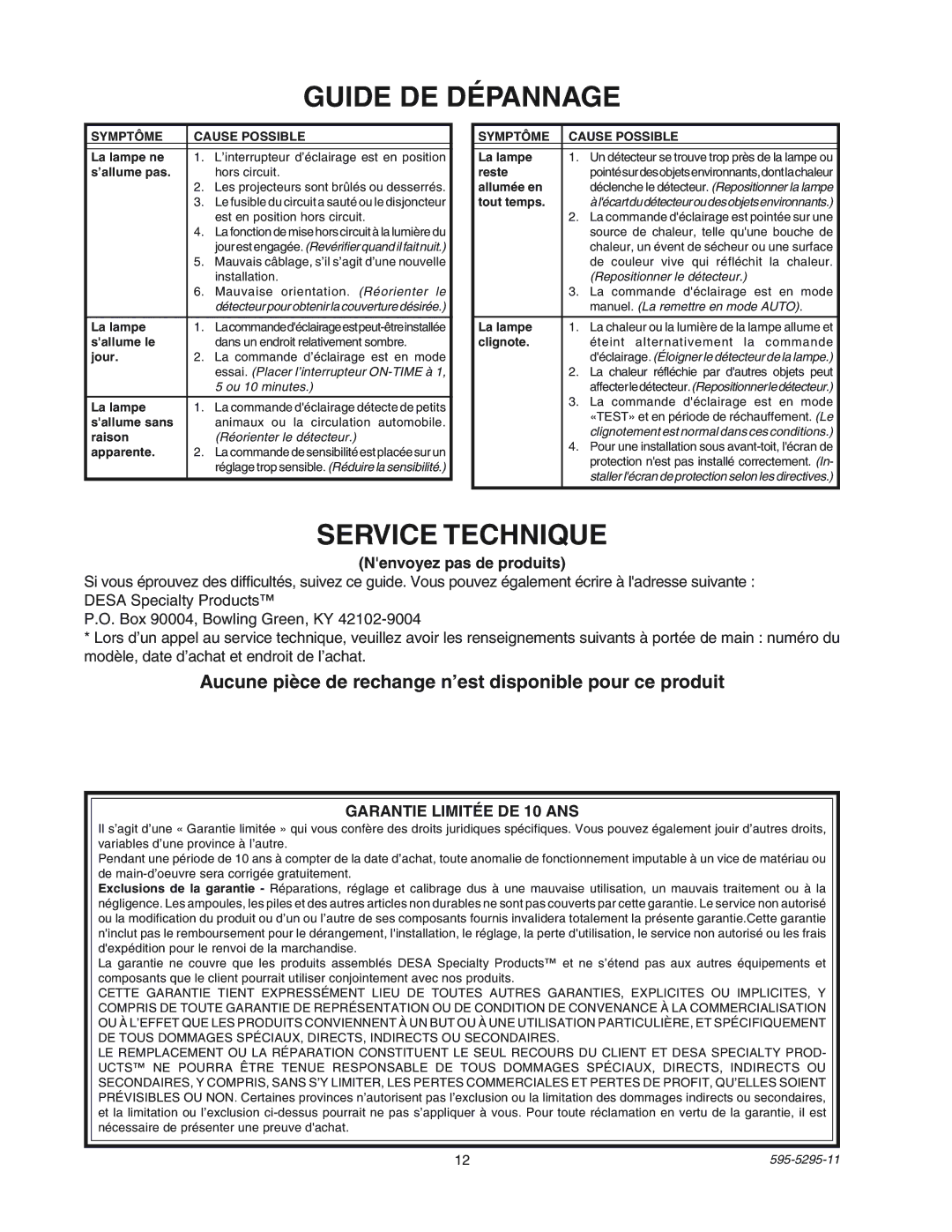 Heath Zenith SL-5525 Guide DE Dépannage, Service Technique, Aucune pièce de rechange n’est disponible pour ce produit 