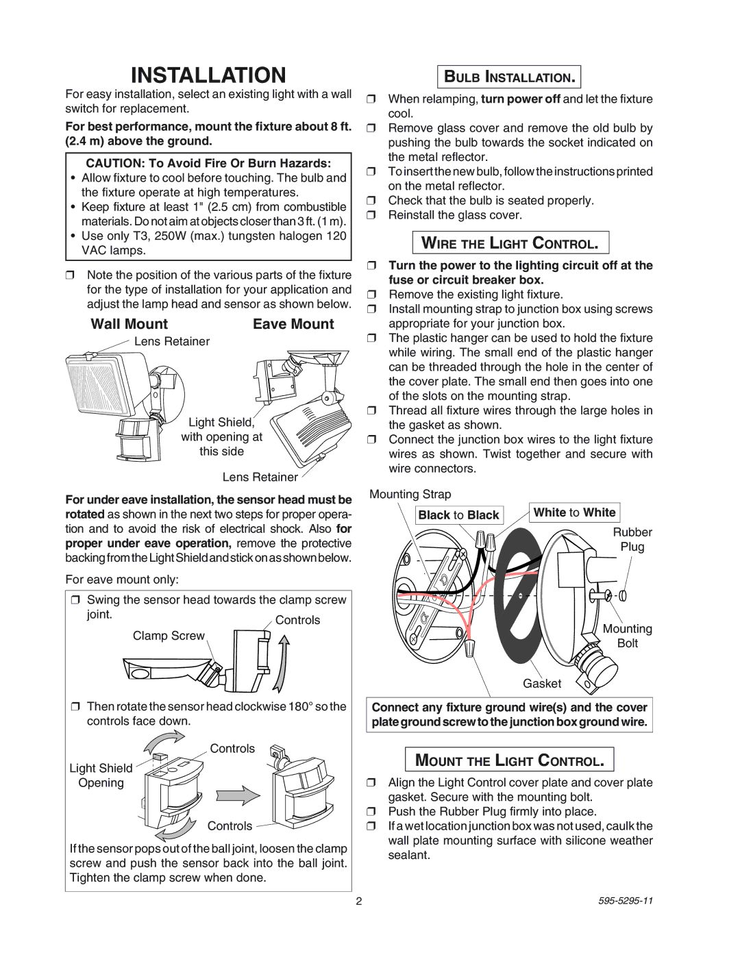 Heath Zenith SL-5525 manual Wall Mount Eave Mount, Bulb Installation, Wire the Light Control, Mount the Light Control 