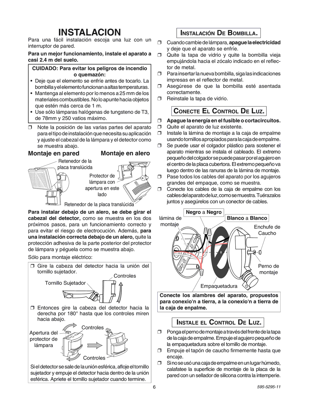 Heath Zenith SL-5525 Instalacion, Montaje en pared Montaje en alero, Instalación DE Bombilla, Conecte EL Control DE LUZ 