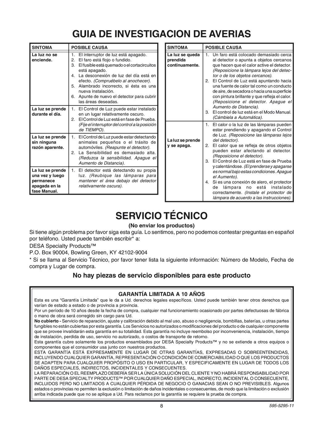 Heath Zenith SL-5525 manual Guia DE Investigacion DE Averias, Servicio Técnico, No enviar los productos 