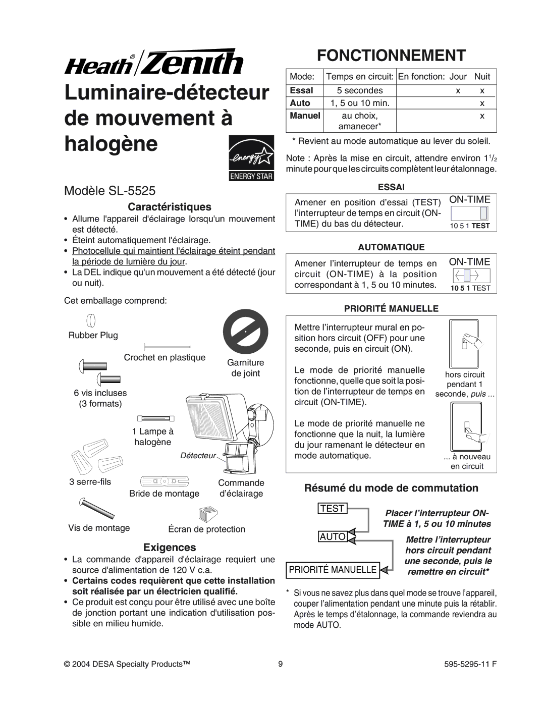 Heath Zenith manual Luminaire-détecteur de mouvement à halogène, Fonctionnement, Modle SL-5525 