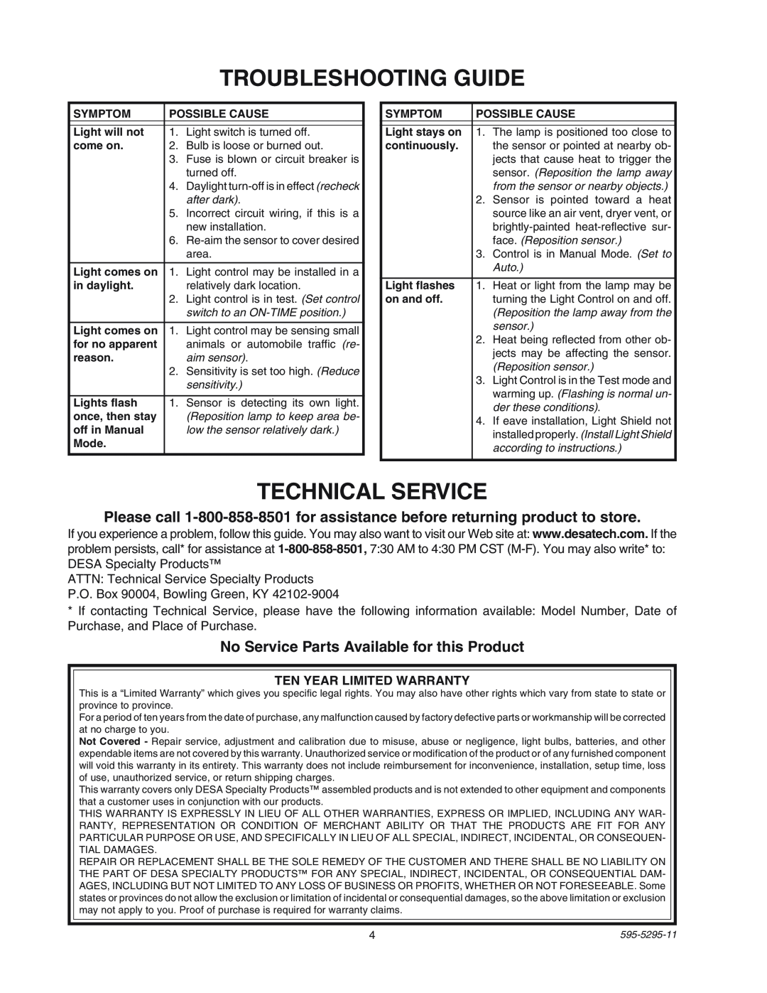 Heath Zenith SL-5525 manual Troubleshooting Guide, Technical Service, No Service Parts Available for this Product 