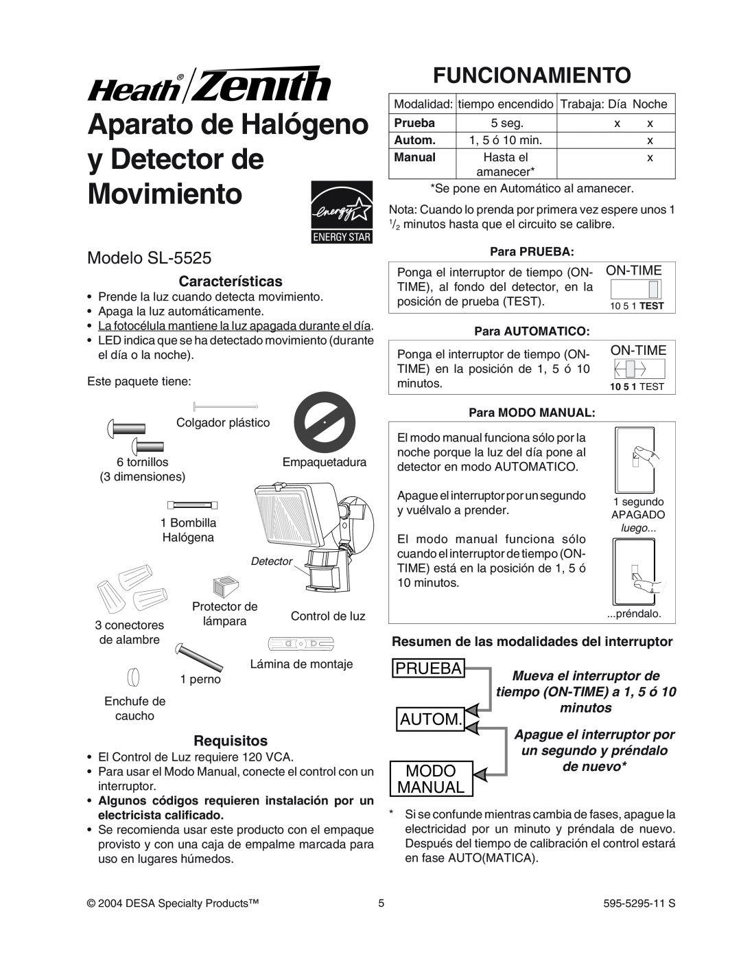 Heath Zenith Aparato de Halógeno y Detector de Movimiento, Funcionamiento, Modelo SL-5525, Características, Requisitos 