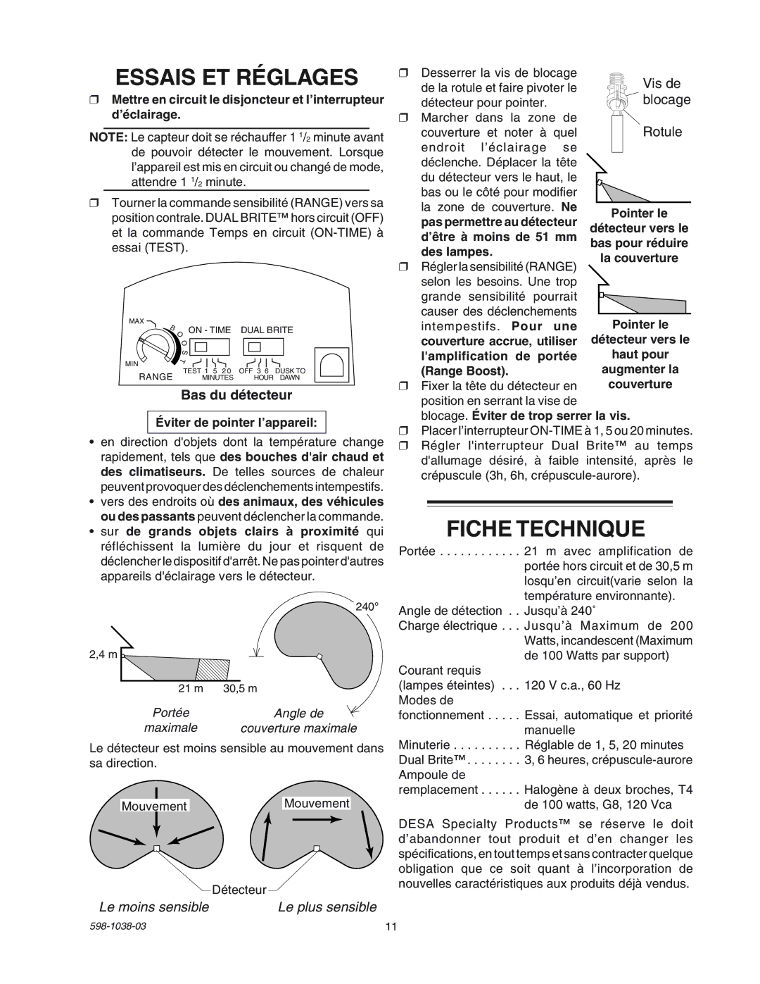 Heath Zenith SL-5597 manual Essais ET Réglages, Fiche Technique, Bas du détecteur, Le moins sensible Le plus sensible 