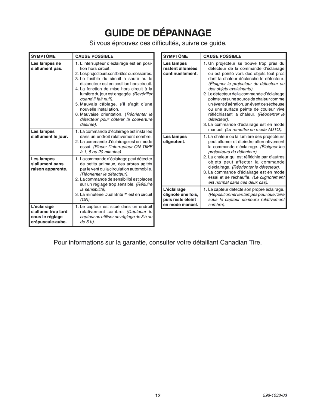 Heath Zenith SL-5597 manual Guide DE Dépannage, Si vous éprouvez des difficultés, suivre ce guide 