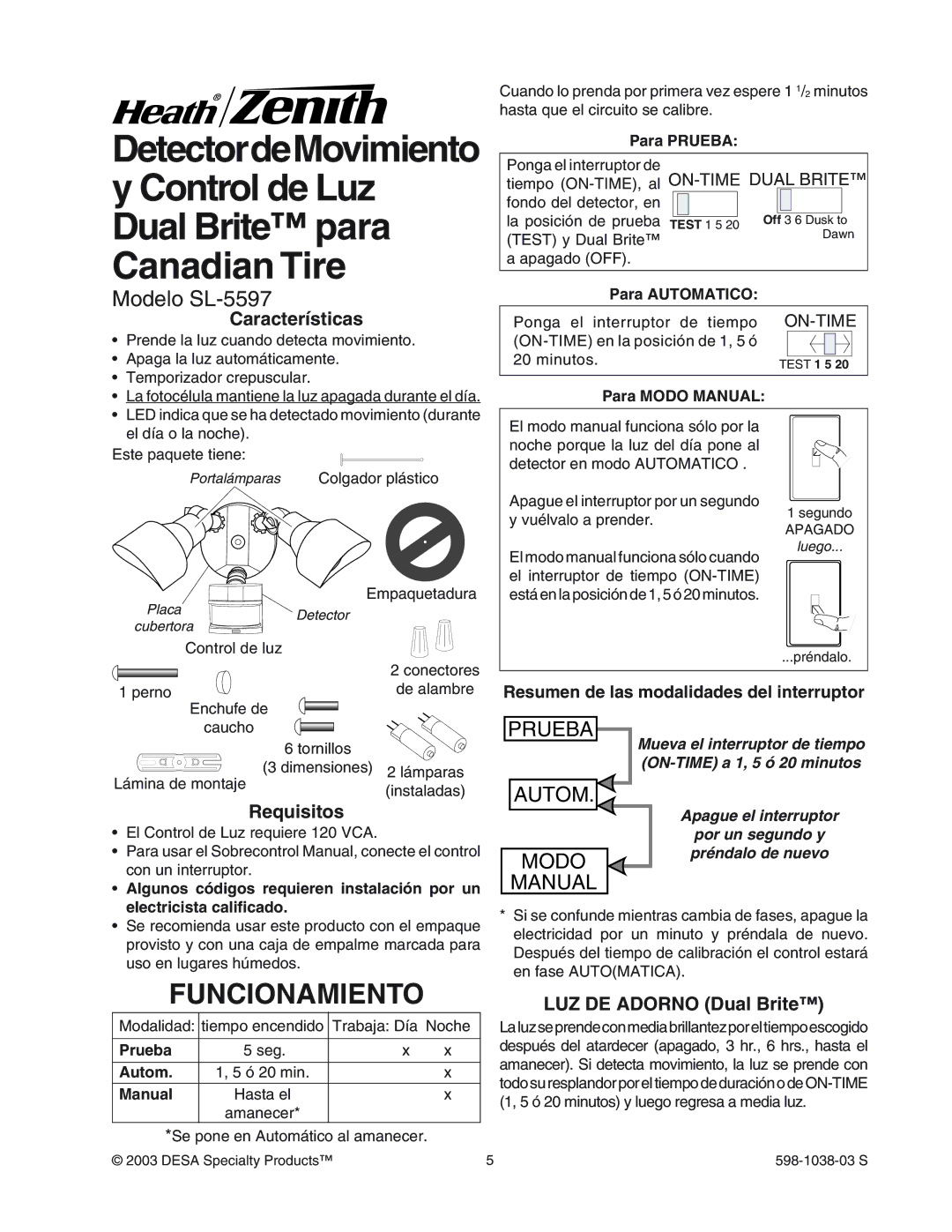 Heath Zenith manual Funcionamiento, Modelo SL-5597, Características, Requisitos, LUZ DE Adorno Dual Brite 