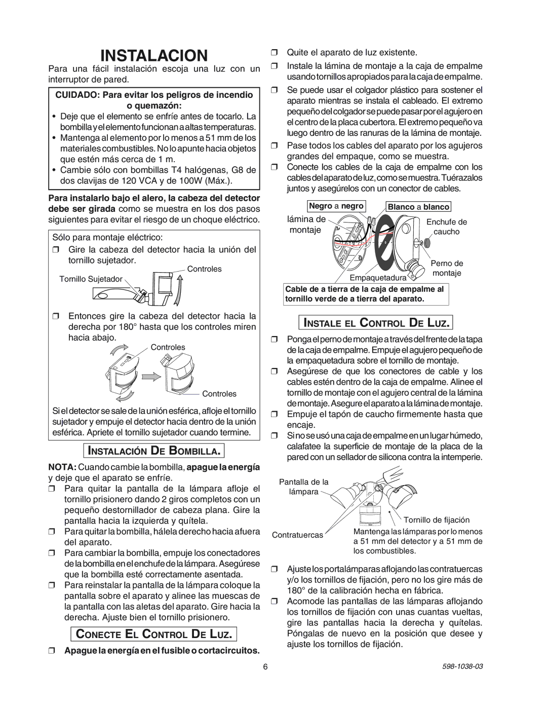 Heath Zenith SL-5597 manual Instalacion, Instalación DE Bombilla, Conecte EL Control DE LUZ, Instale EL Control DE LUZ 