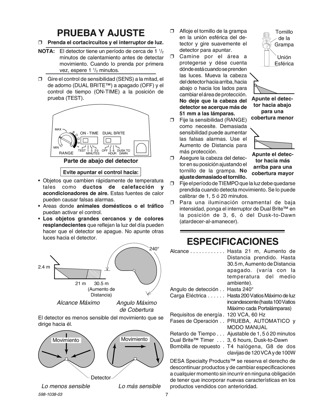 Heath Zenith SL-5597 manual Prueba Y Ajuste, Especificaciones, Parte de abajo del detector 