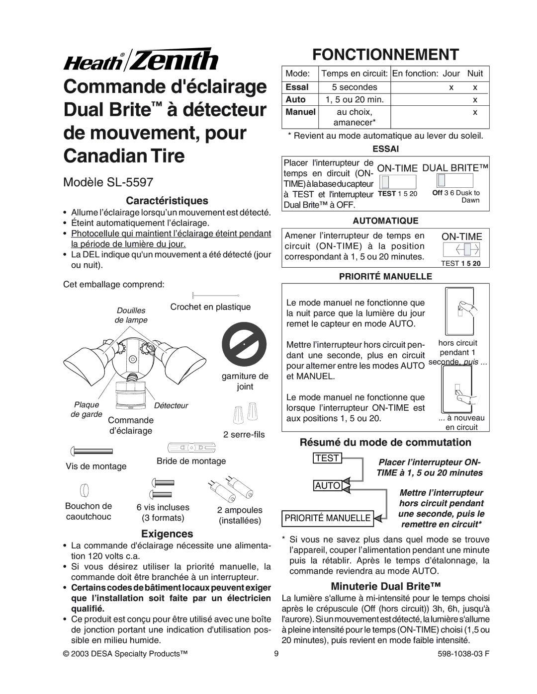 Heath Zenith manual Fonctionnement, Modèle SL-5597 