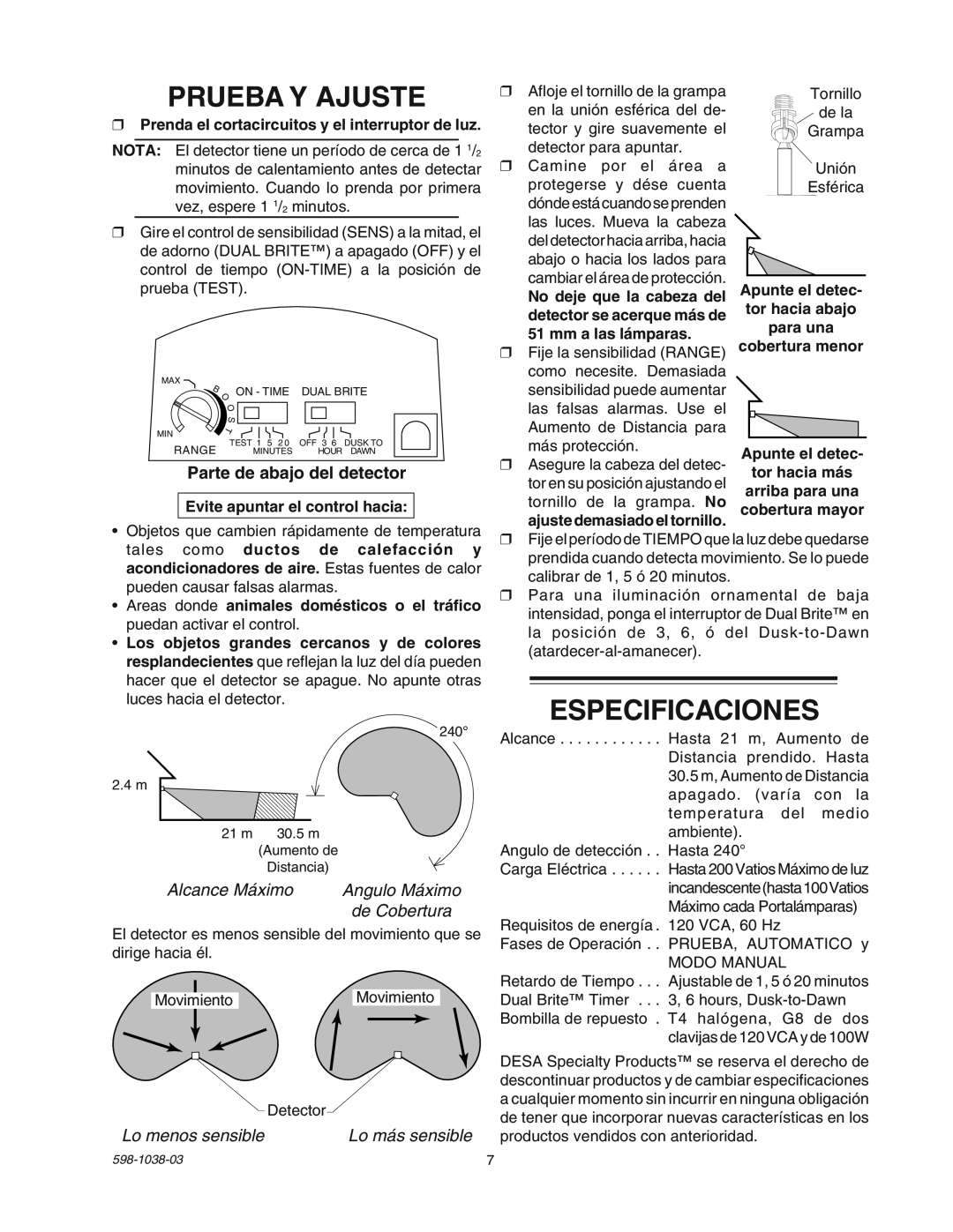 Heath Zenith SL-5597 manual Prueba Y Ajuste, Especificaciones, Parte de abajo del detector, Alcance Máximo, de Cobertura 