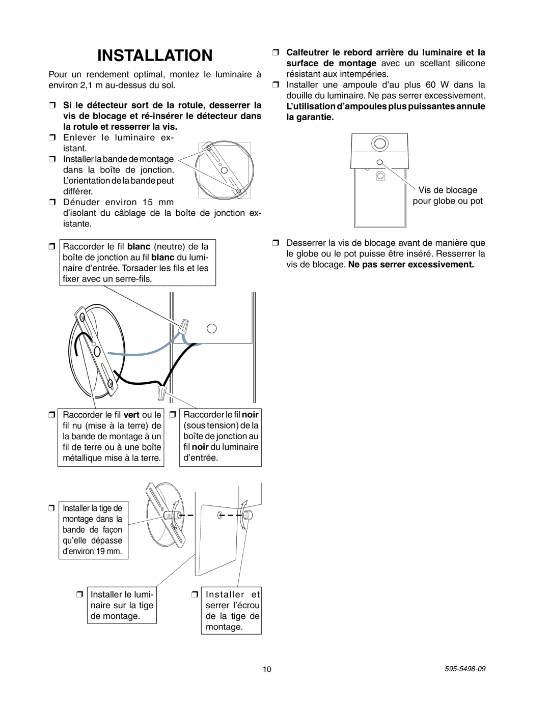 Heath Zenith SL-5610/15 manual Installation, ’utilisation d’ampoules plus puissantes annule la garantie 