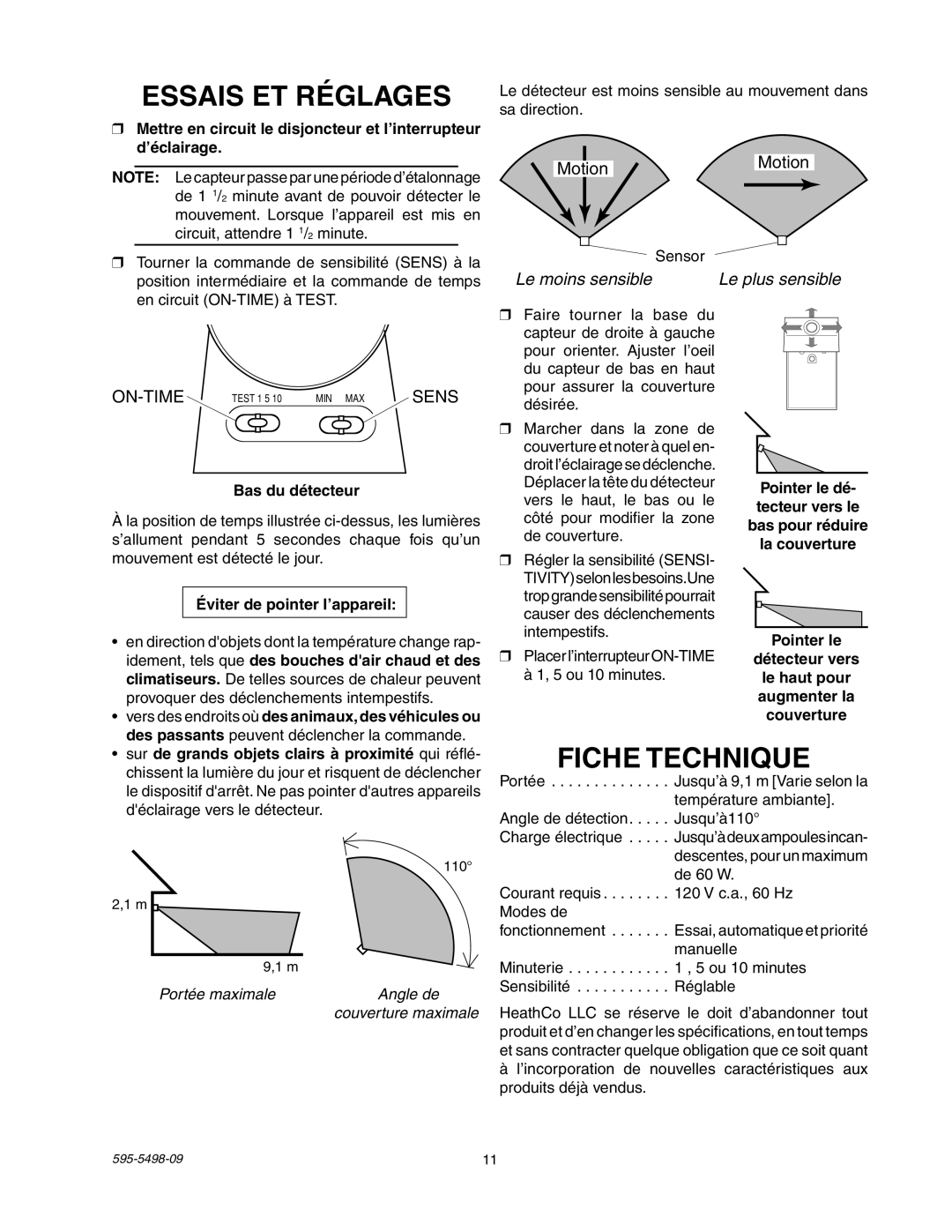 Heath Zenith SL-5610/15 manual Essais ET Réglages, Fiche Technique, Bas du détecteur, Éviter de pointer l’appareil 