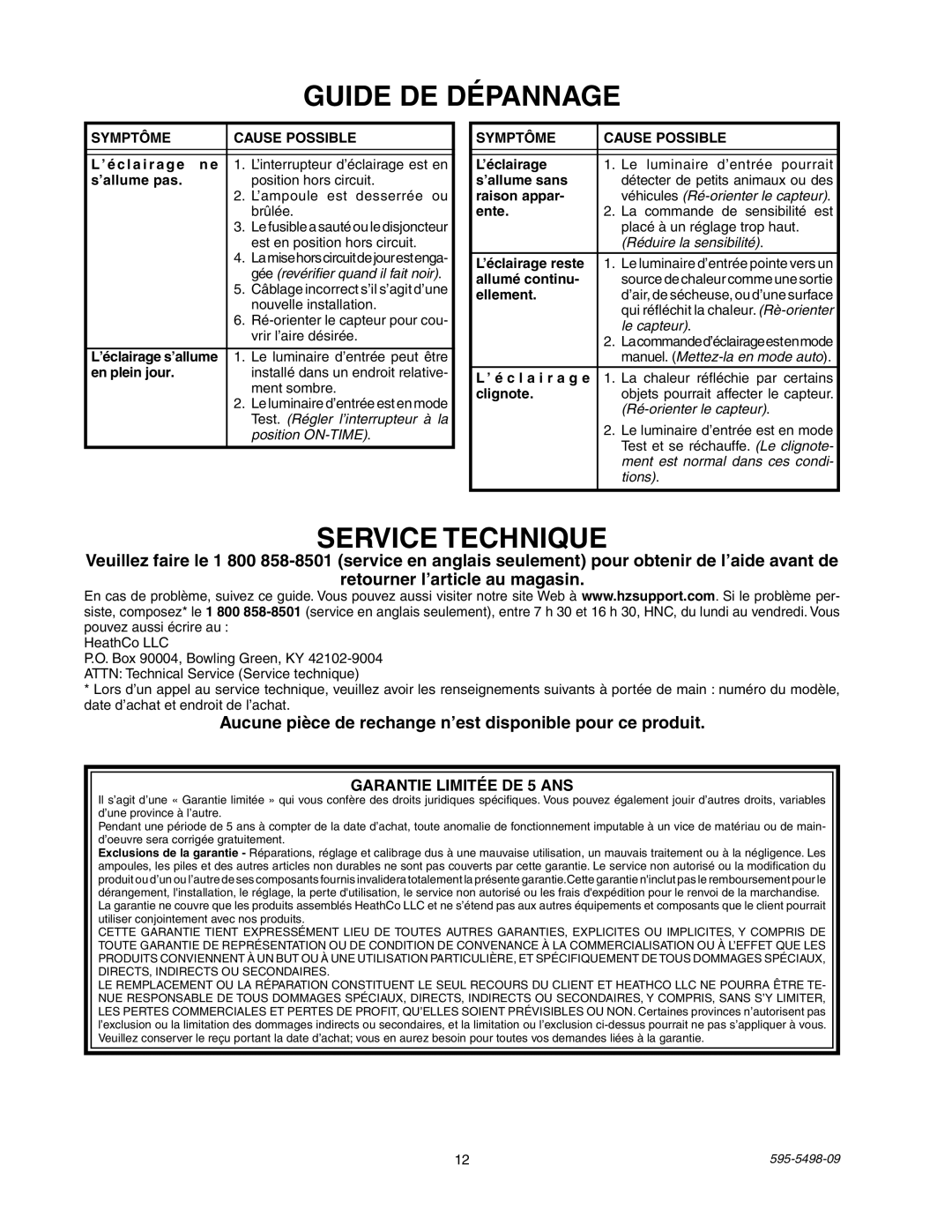 Heath Zenith SL-5610/15 manual Guide DE Dépannage, Service Technique, Garantie Limitée DE 5 ANS, Symptôme Cause Possible 