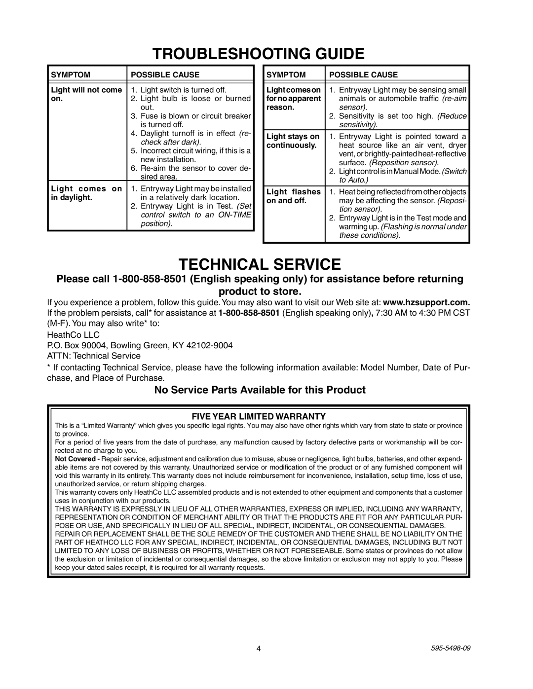 Heath Zenith SL-5610/15 Troubleshooting Guide, No Service Parts Available for this Product, Five Year Limited Warranty 