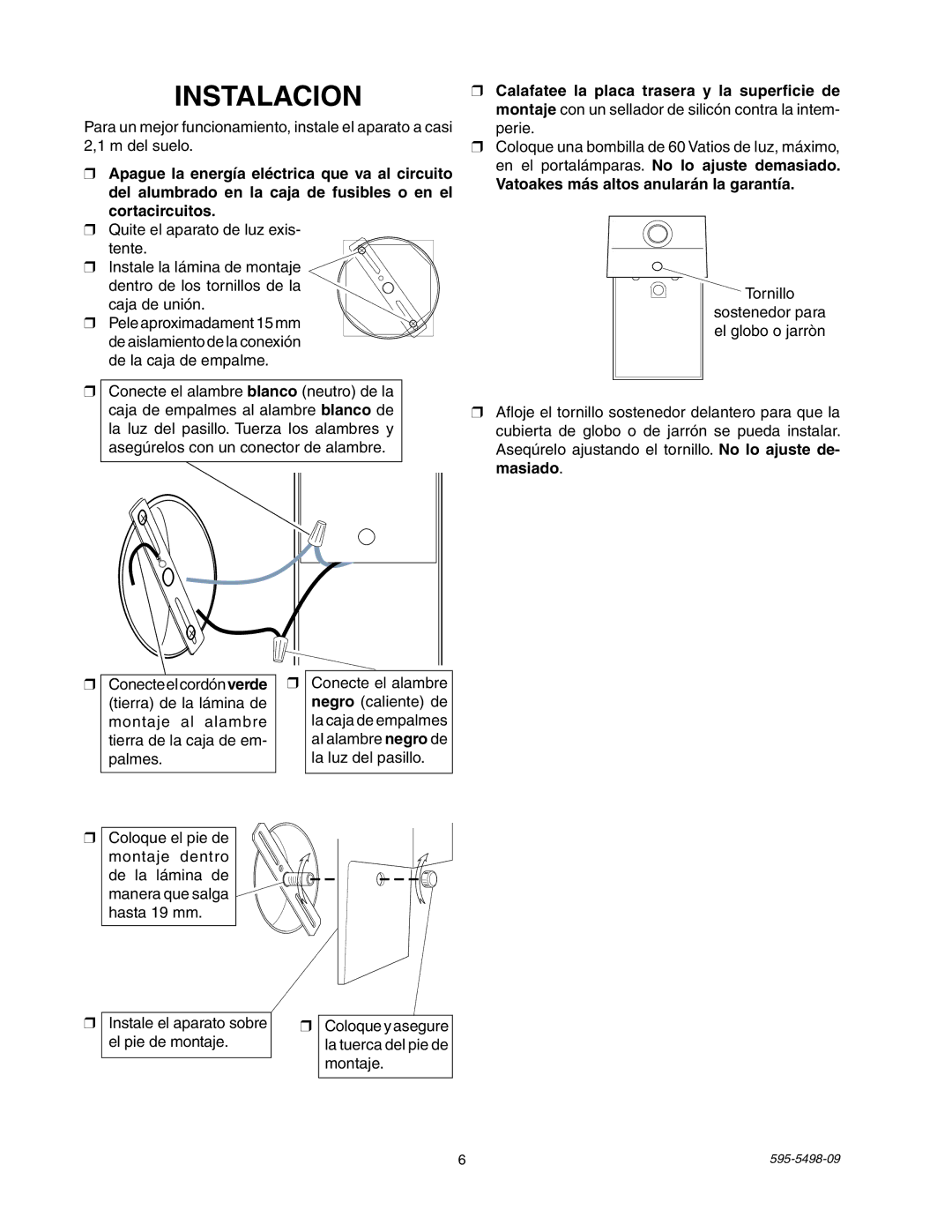 Heath Zenith SL-5610/15 manual Instalacion, Vatoakes más altos anularán la garantía 