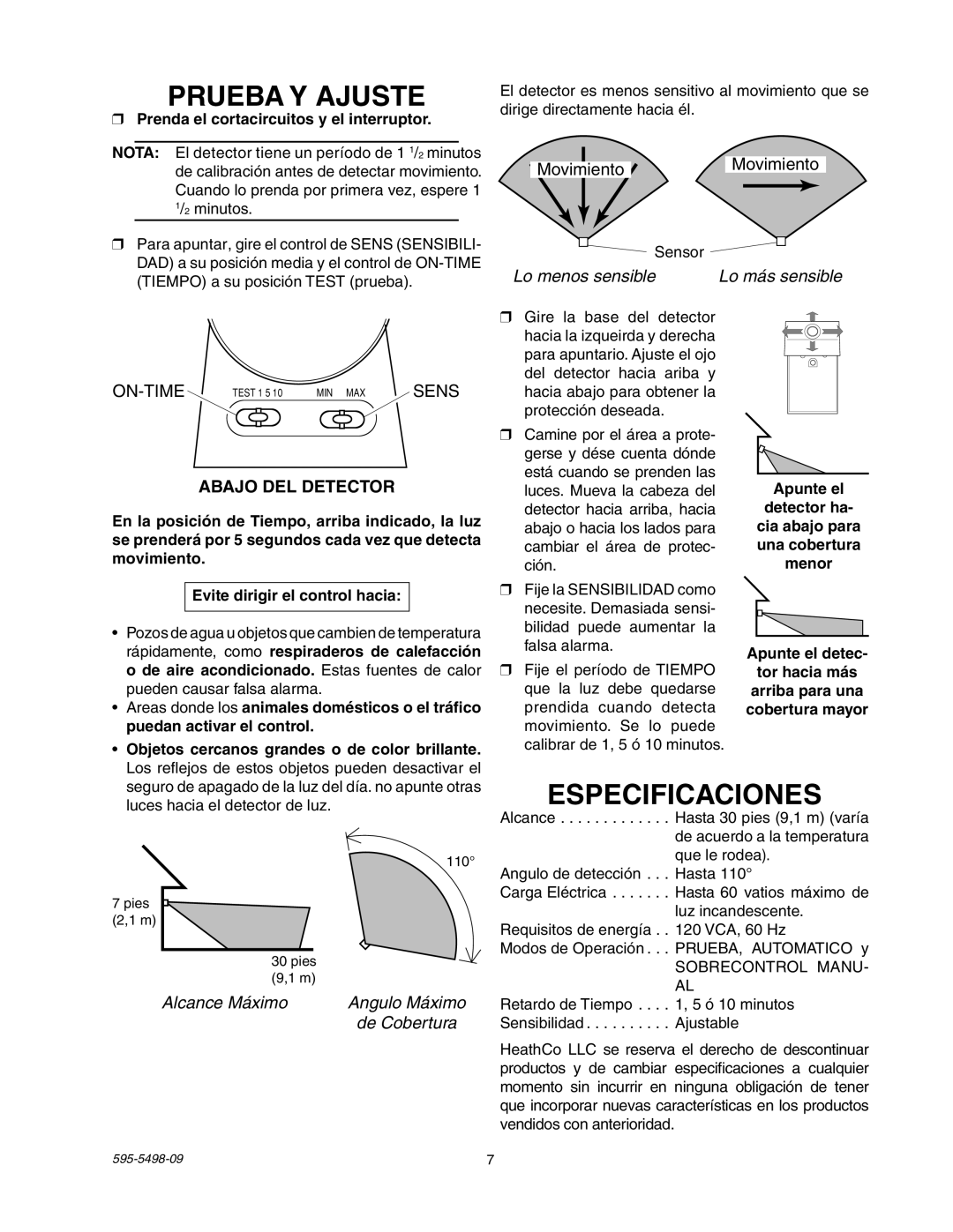 Heath Zenith SL-5610/15 manual Prueba Y Ajuste, Especificaciones 