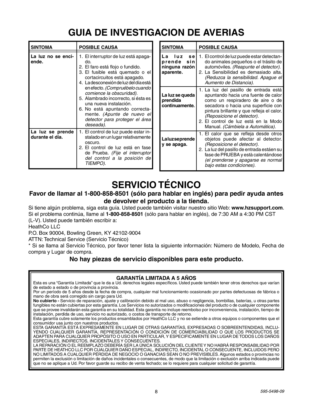 Heath Zenith SL-5610/15 manual Guia DE Investigacion DE Averias, Servicio Técnico, Garantía Limitada a 5 Años 