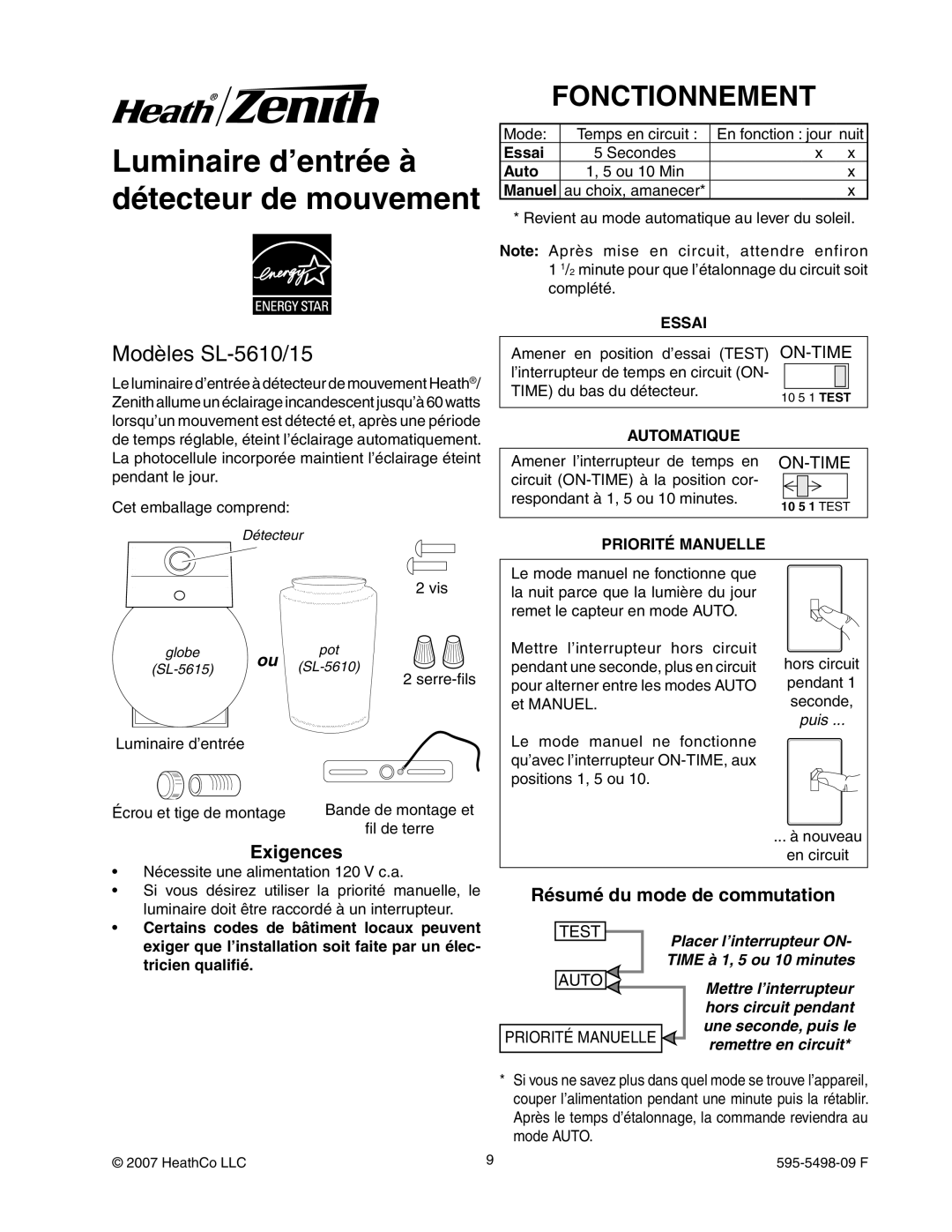 Heath Zenith manual Fonctionnement, Modèles SL-5610/15, Exigences, Résumé du mode de commutation 