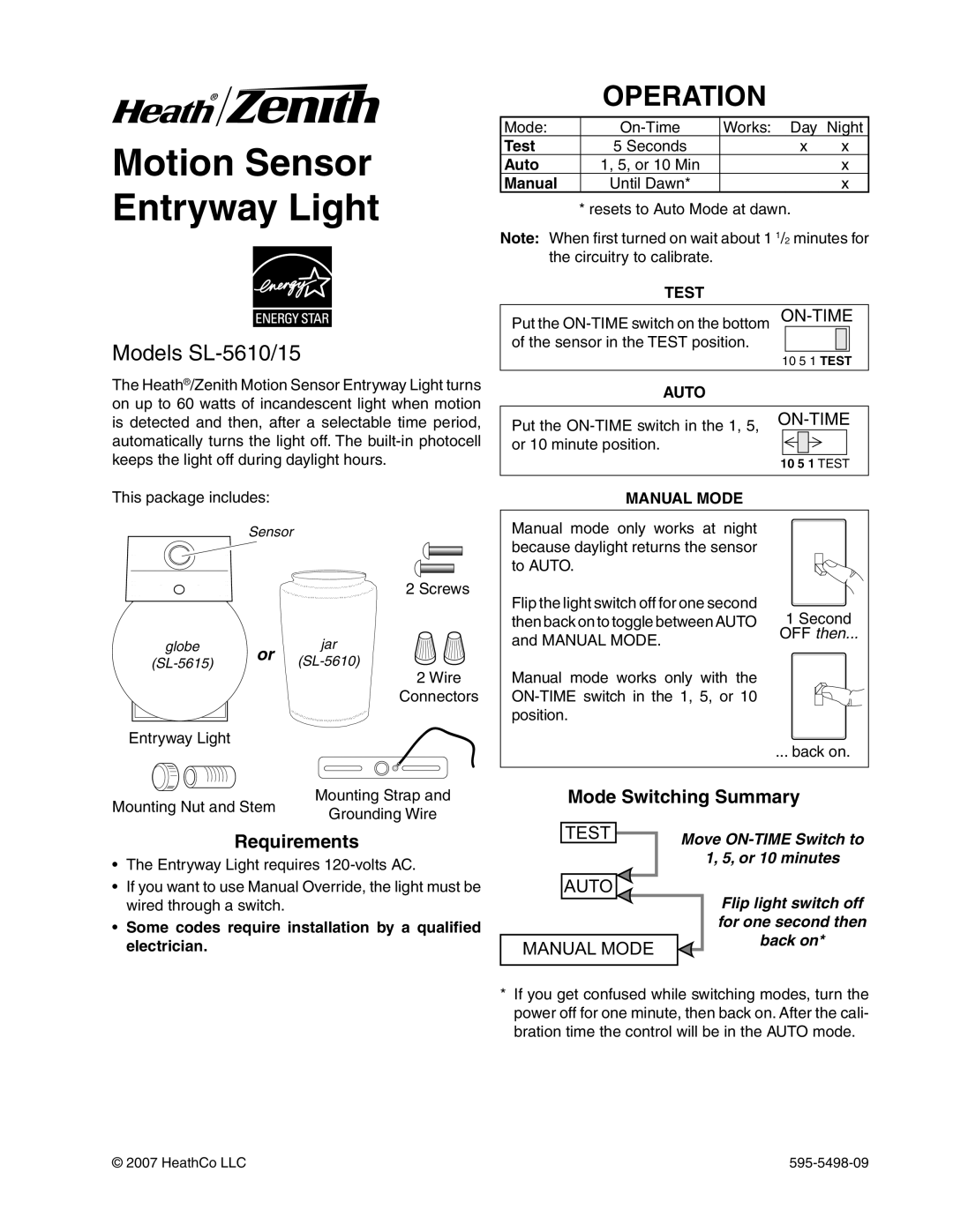 Heath Zenith manual Motion Sensor Entryway Light, Operation, Models SL-5610/15, Mode Switching Summary, On-Time, Test 