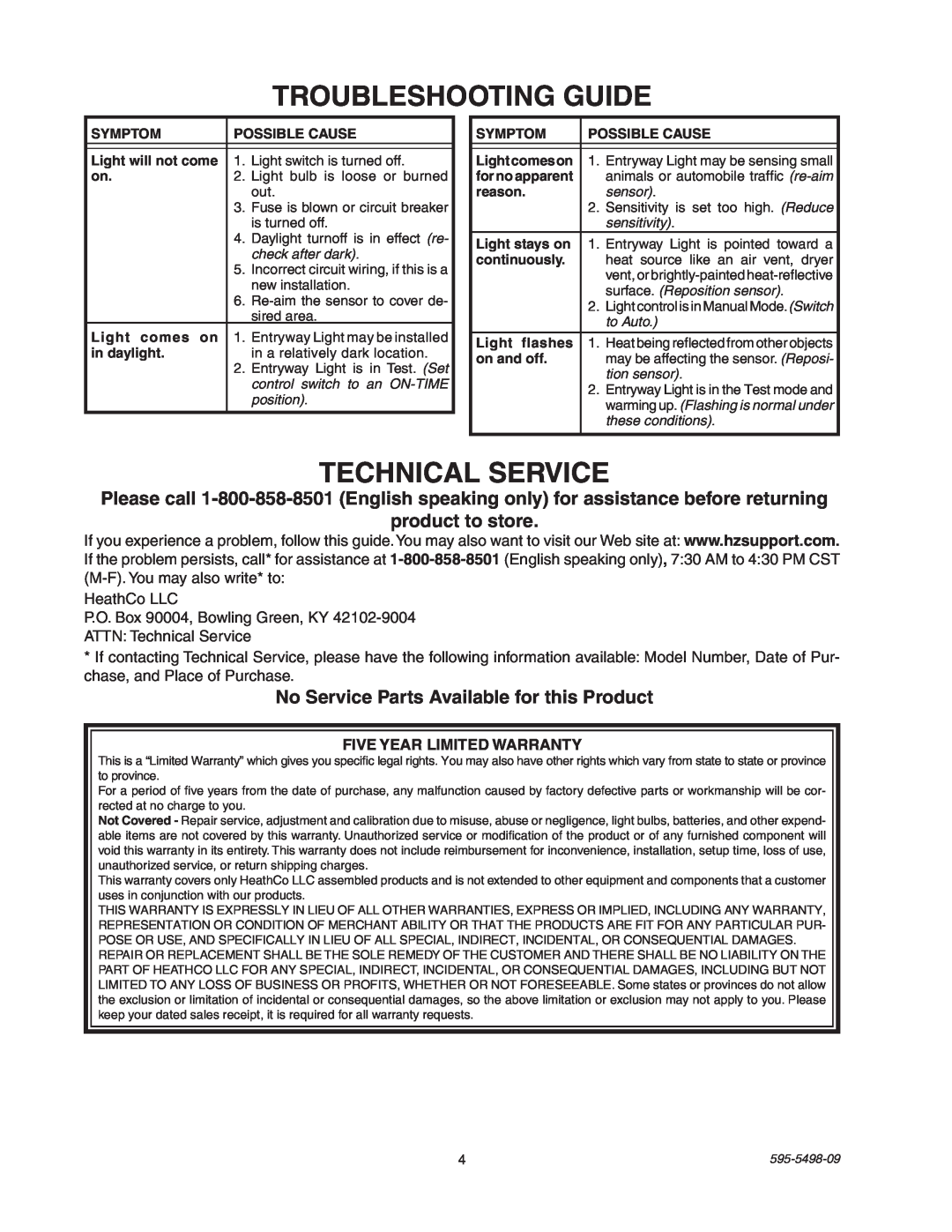 Heath Zenith SL-5610/15 manual Troubleshooting Guide, Technical Service, product to store 