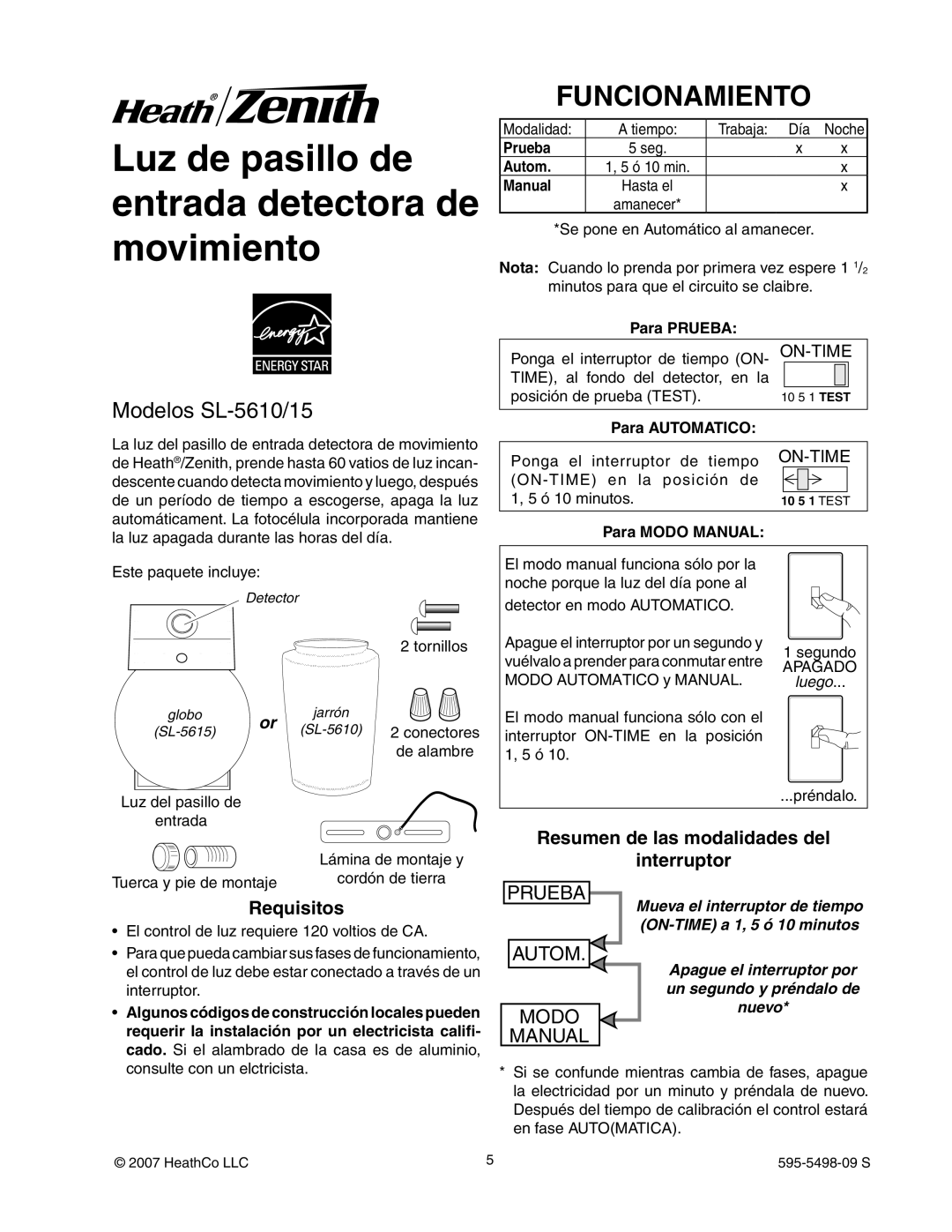 Heath Zenith Luz de pasillo de entrada detectora de movimiento, Funcionamiento, Modelos SL-5610/15, Prueba, Autom, Modo 