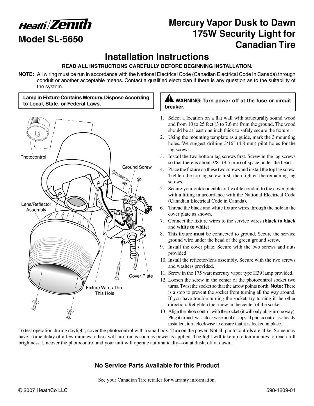 Heath Zenith installation instructions Model SL-5650, 175W Security Light for, Canadian Tire, Installation Instructions 