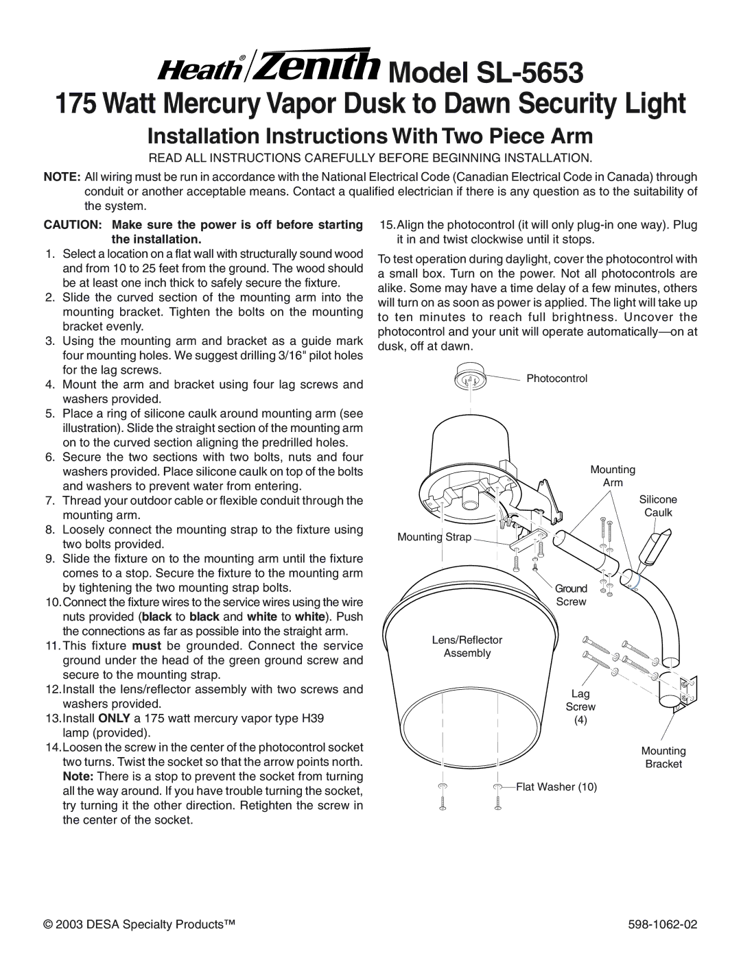 Heath Zenith installation instructions Model SL-5653, Installation Instructions With Two Piece Arm 