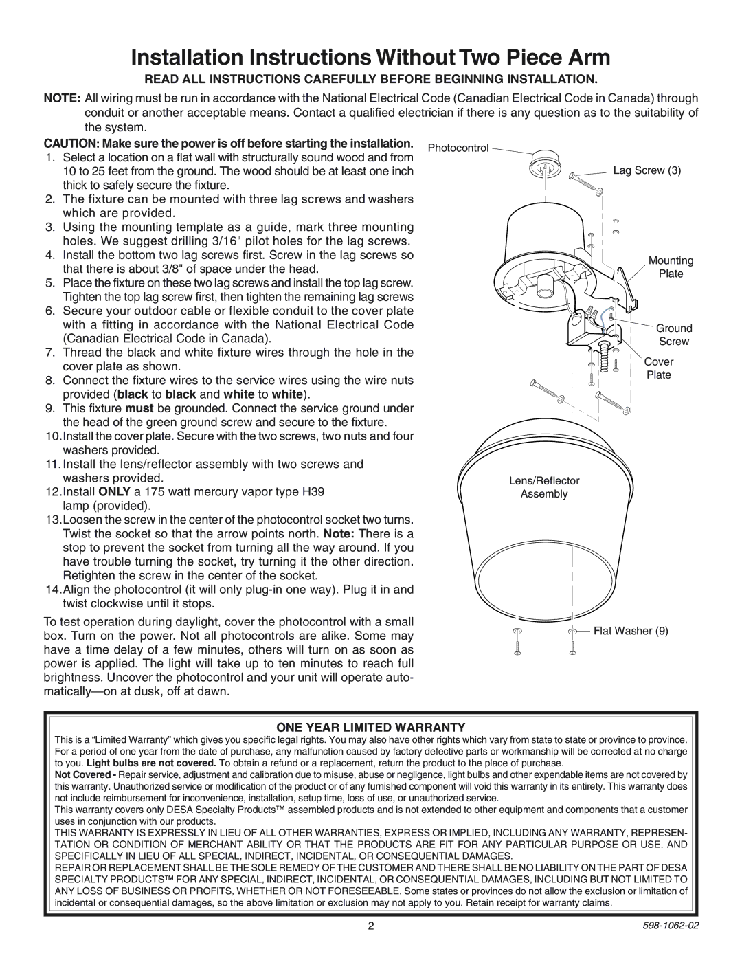 Heath Zenith SL-5653 installation instructions Installation Instructions Without Two Piece Arm, ONE Year Limited Warranty 