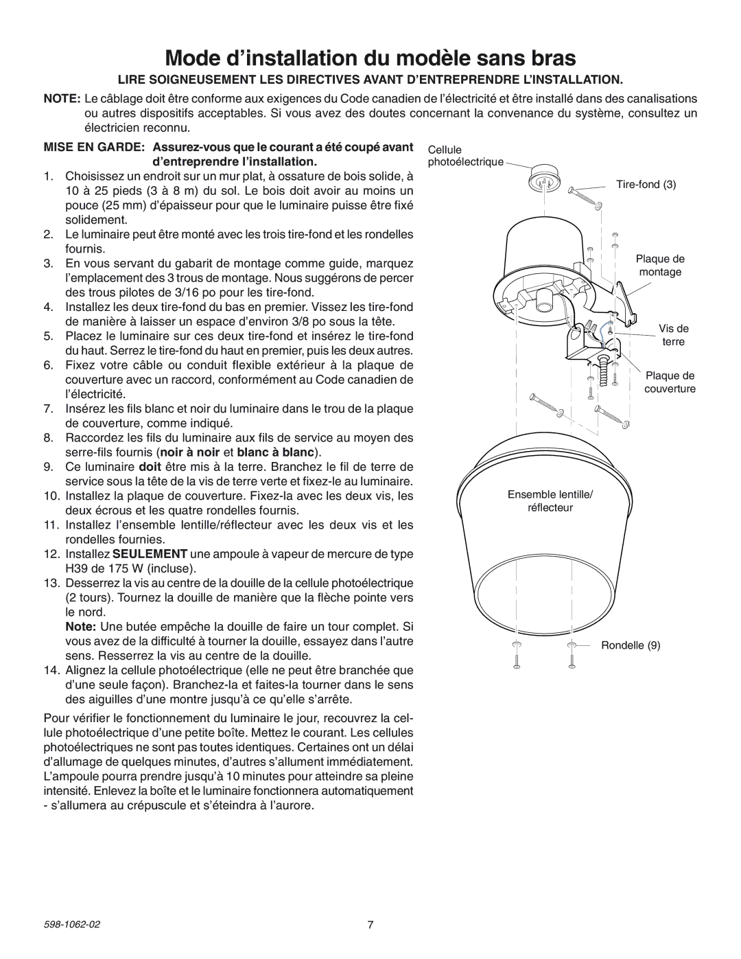 Heath Zenith SL-5653 installation instructions Mode d’installation du modèle sans bras 