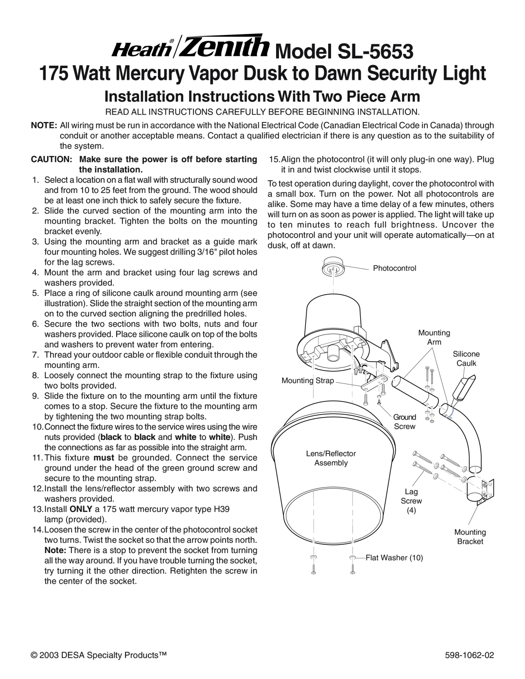 Heath Zenith installation instructions Model SL-5653, Installation Instructions With Two Piece Arm 