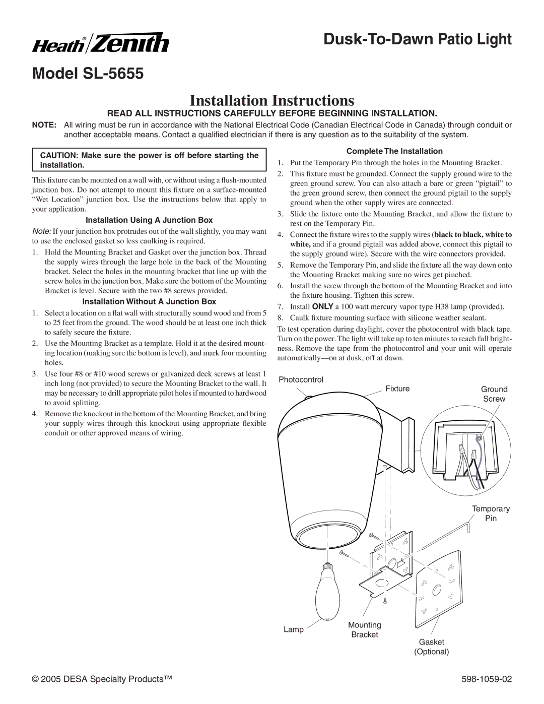 Heath Zenith SL-5655 installation instructions Installation Instructions, Installation Using a Junction Box 