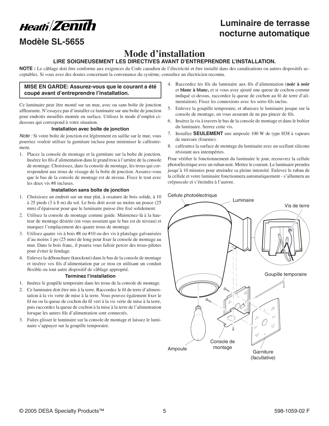 Heath Zenith SL-5655 Mode d’installation, Installation avec boîte de jonction, Installation sans boîte de jonction 