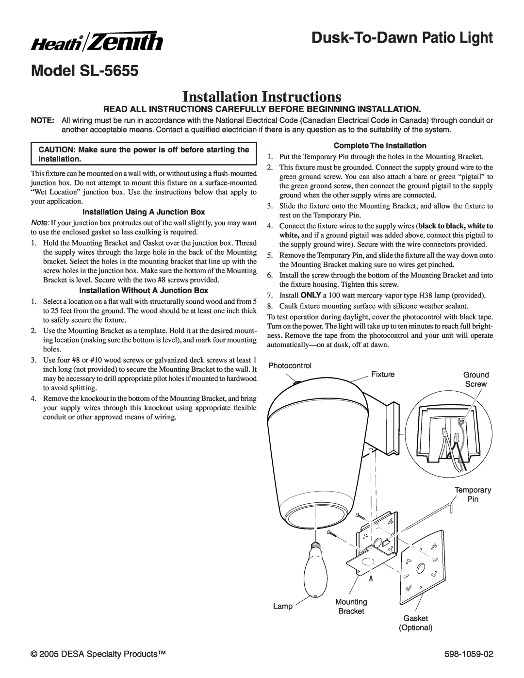 Heath Zenith installation instructions Installation Instructions, Dusk-To-Dawn Patio Light Model SL-5655 