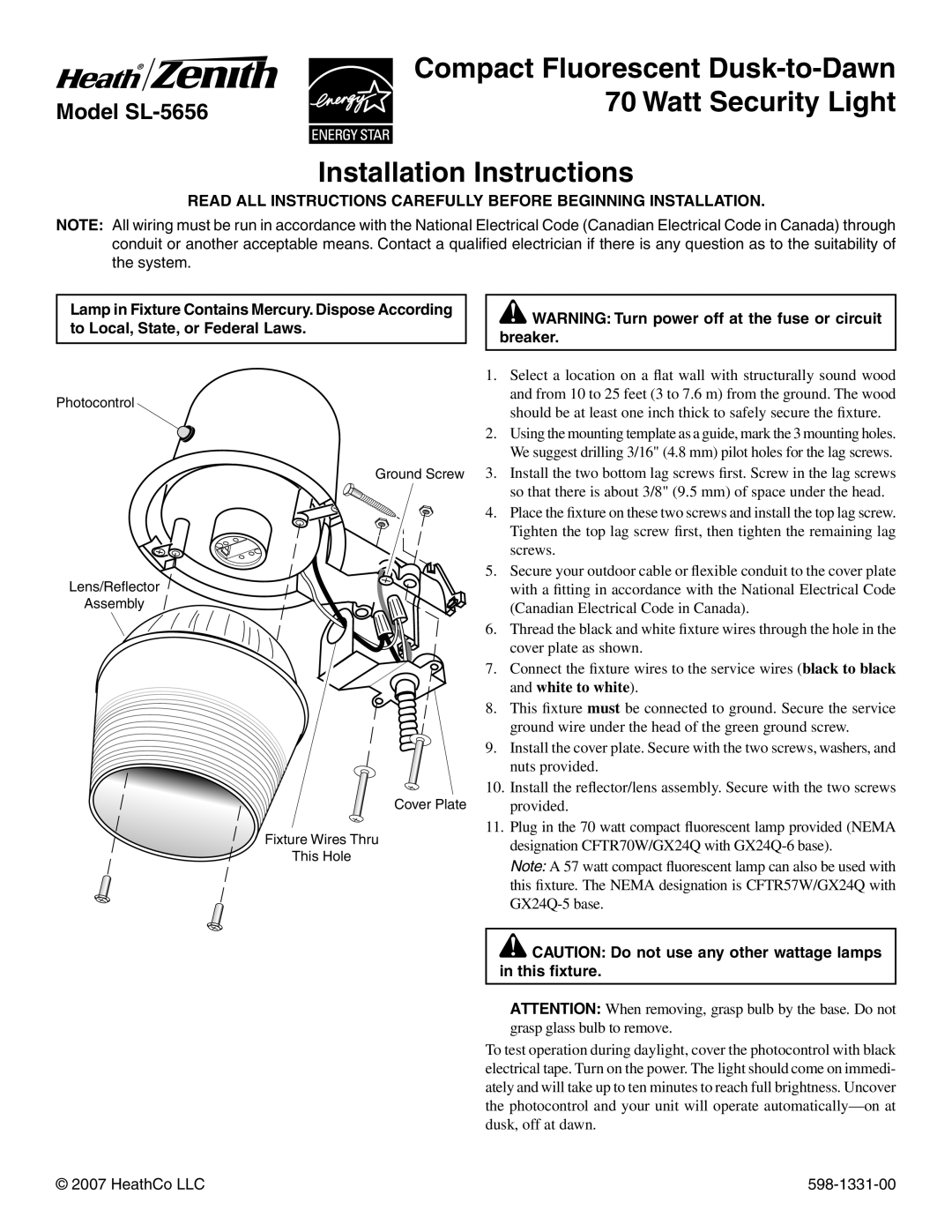 Heath Zenith installation instructions Model SL-5656 