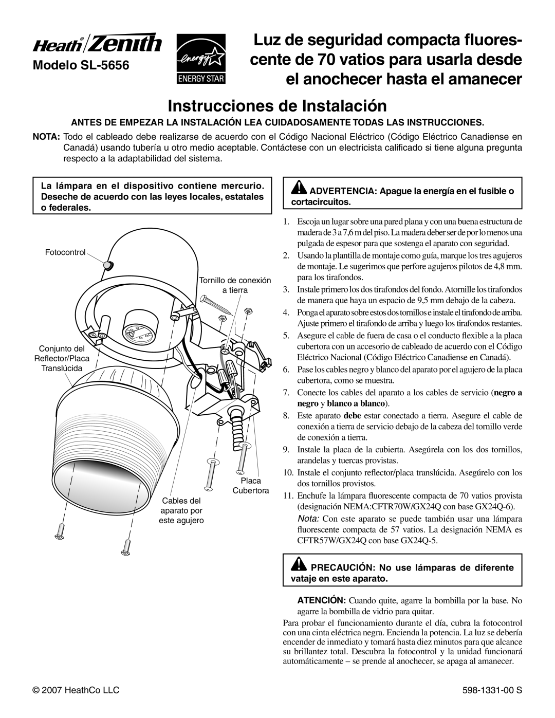 Heath Zenith SL-5656 installation instructions Instrucciones de Instalación 