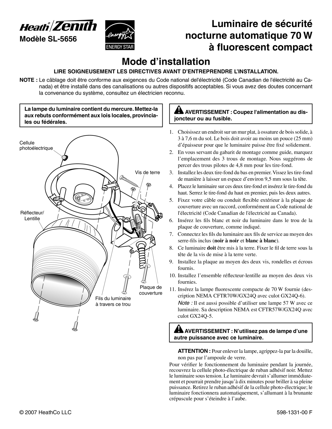 Heath Zenith installation instructions Modèle SL-5656 